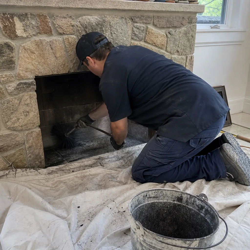 Professional chimney sweep cleaning a fireplace with a wire brush