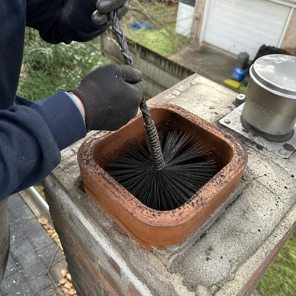 Professional chimney sweep cleaning a residential chimney flue with a wire brush