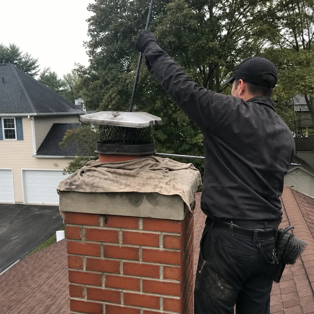 Professional chimney sweep cleaning a residential brick chimney from the roof.