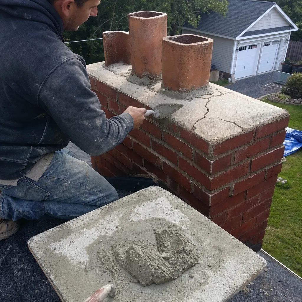Mason repairing chimney crown with trowel and mortar