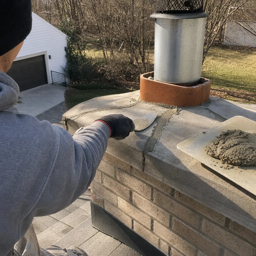 Professional contractor performing chimney crown repair and masonry maintenance.