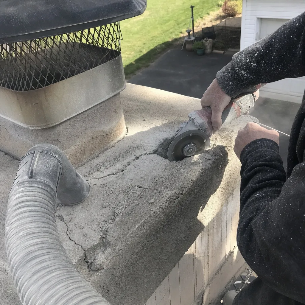 Professional contractor performing mortar repair on a damaged chimney crown.
