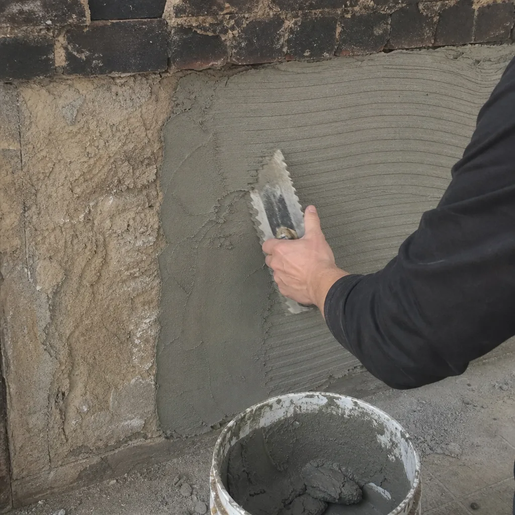 Worker applying mortar to a brick chimney surface with a trowel