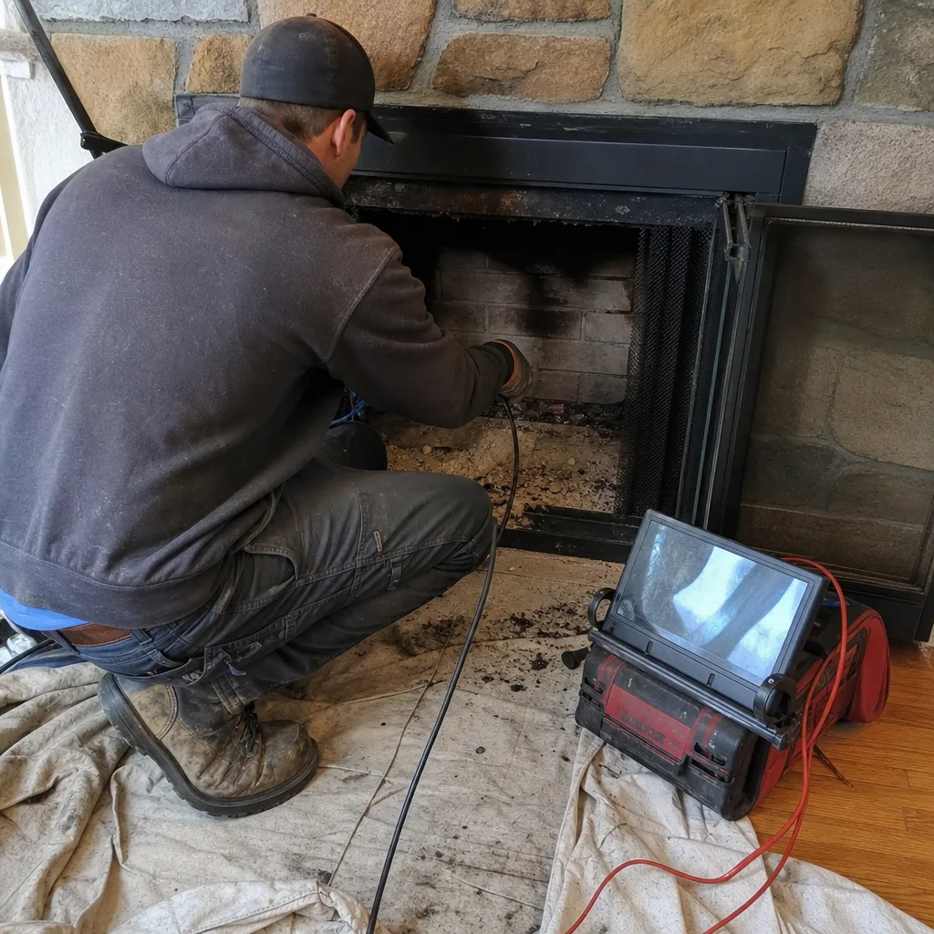 Technician performing professional chimney inspection and cleaning service