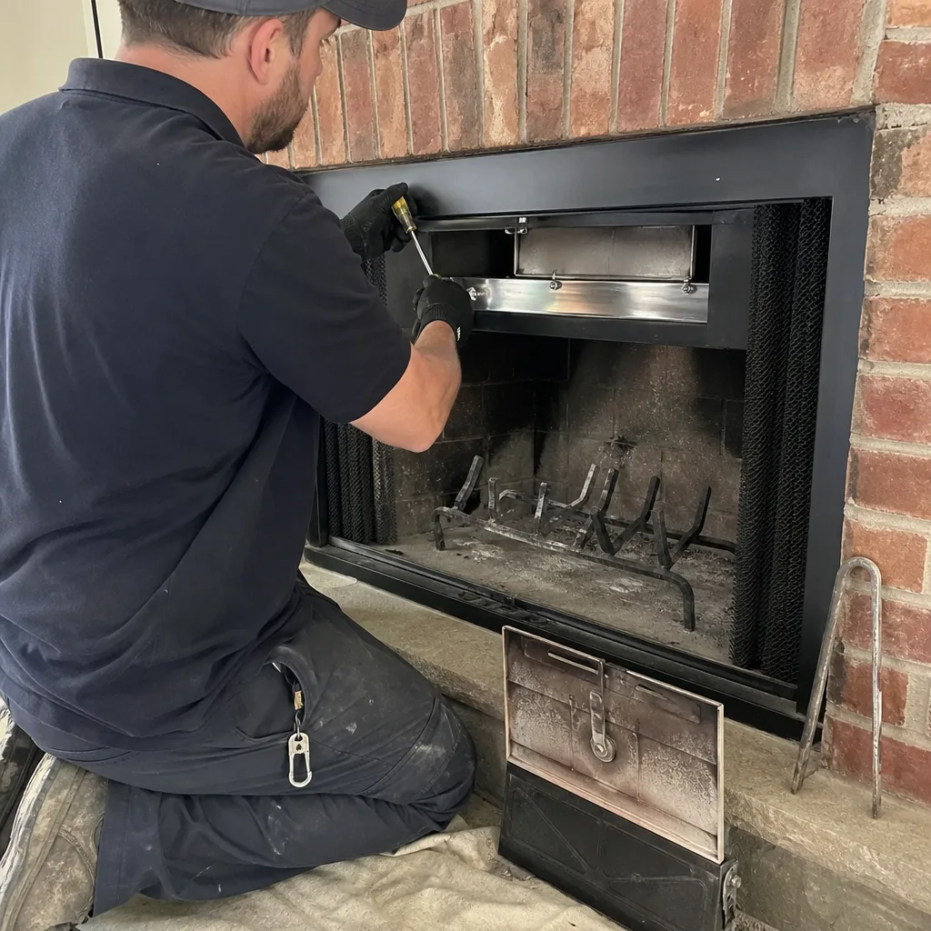 Technician performing professional fireplace maintenance and inspection